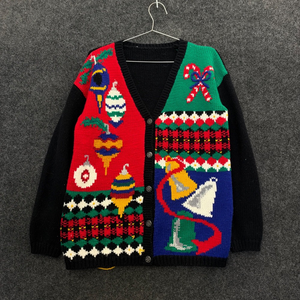 Vintage Hand Knit Christmas Cardigan Sweater Ornaments Bells Candy Cane Womens